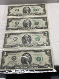 Sequential US Two Dollar Bills 1976 SET OF 4 - $2 U.S. Currency Crisp Clean Notes