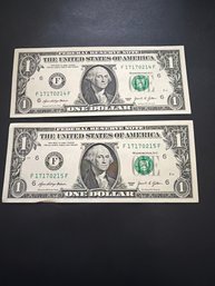 2021 One Dollar Consecutive Serial Number Lot Of 2