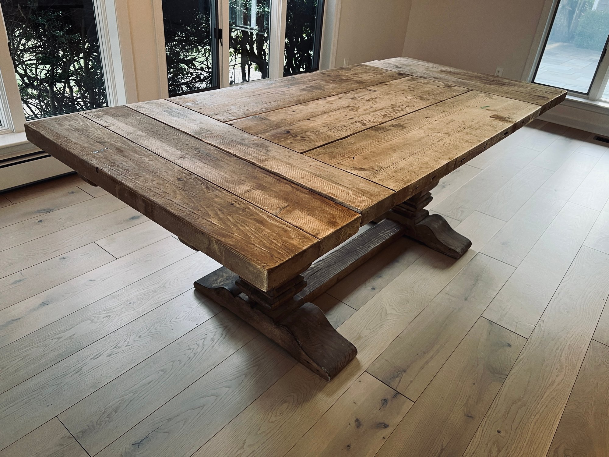 Restoration Hardware Wooden Belgian Trestle Dining Table With Two