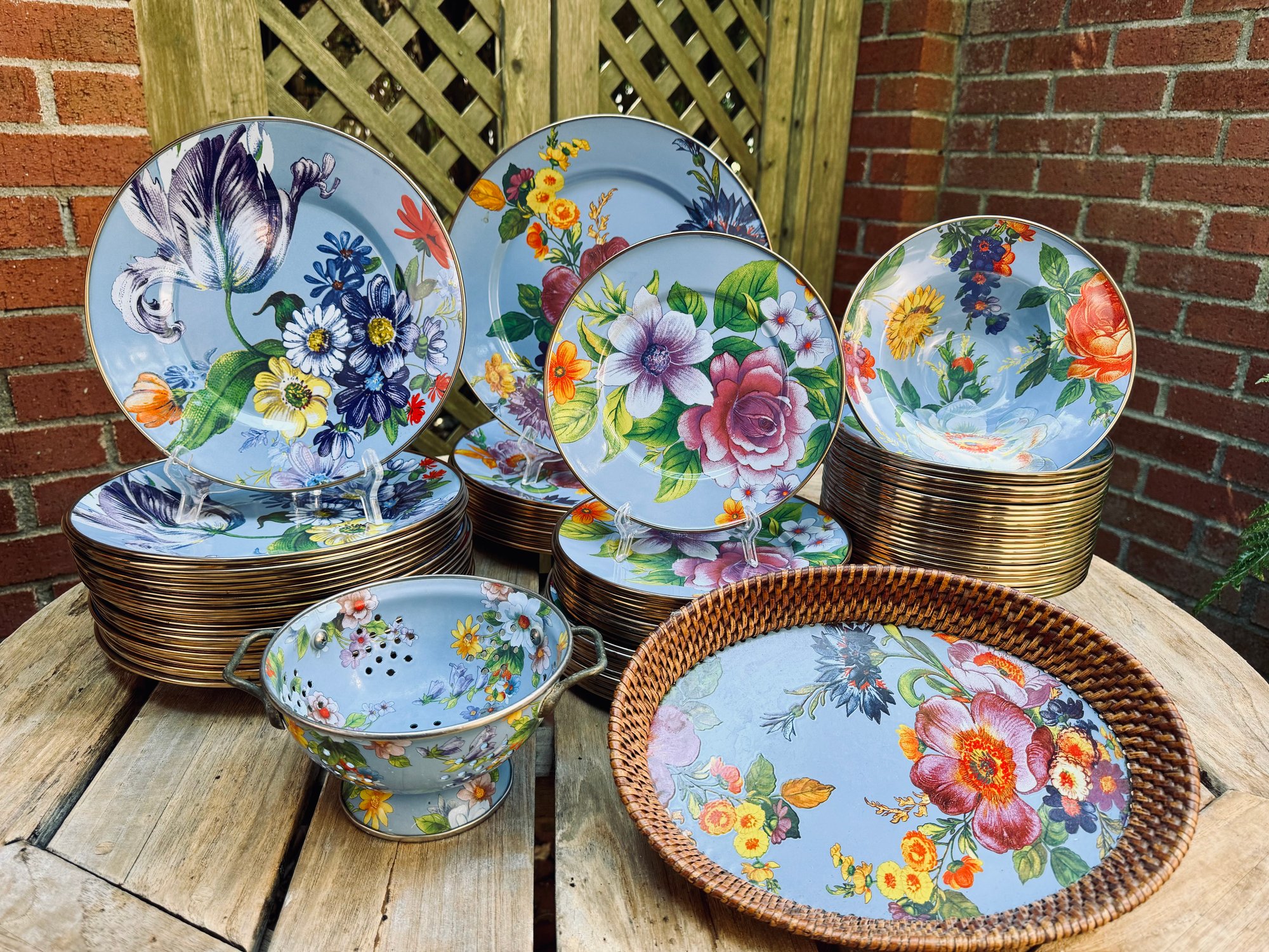 Set Of Mackenzie Childs Enamel Blue Flower Market Dinnerware