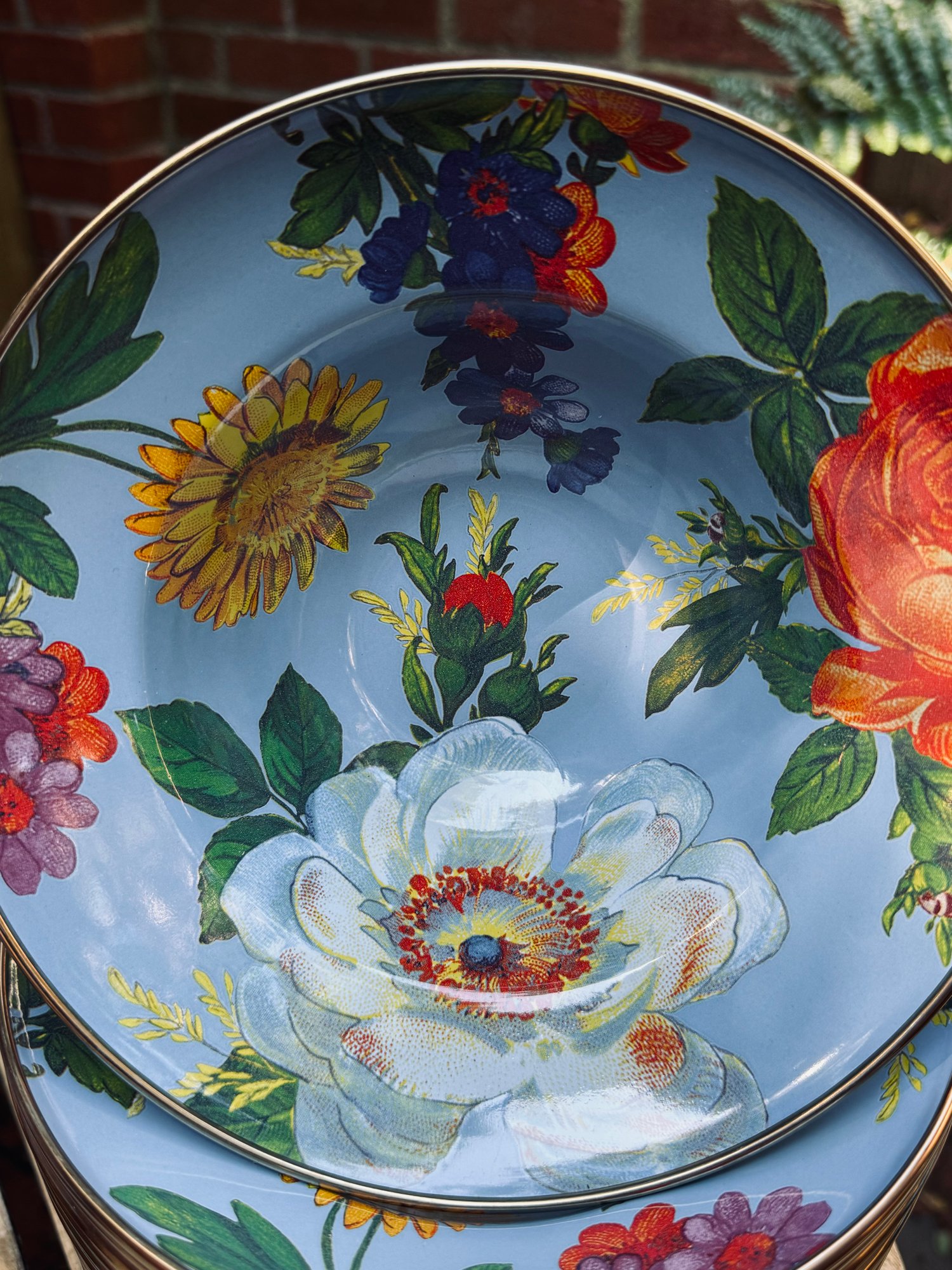 Set Of Mackenzie Childs Enamel Blue Flower Market Dinnerware