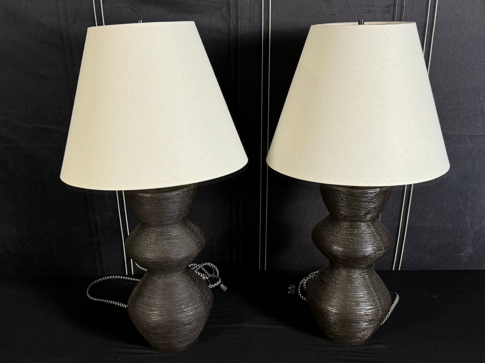 Pair Of Visual Comfort Black Aged Iron Utopia Table Lamps With Cream