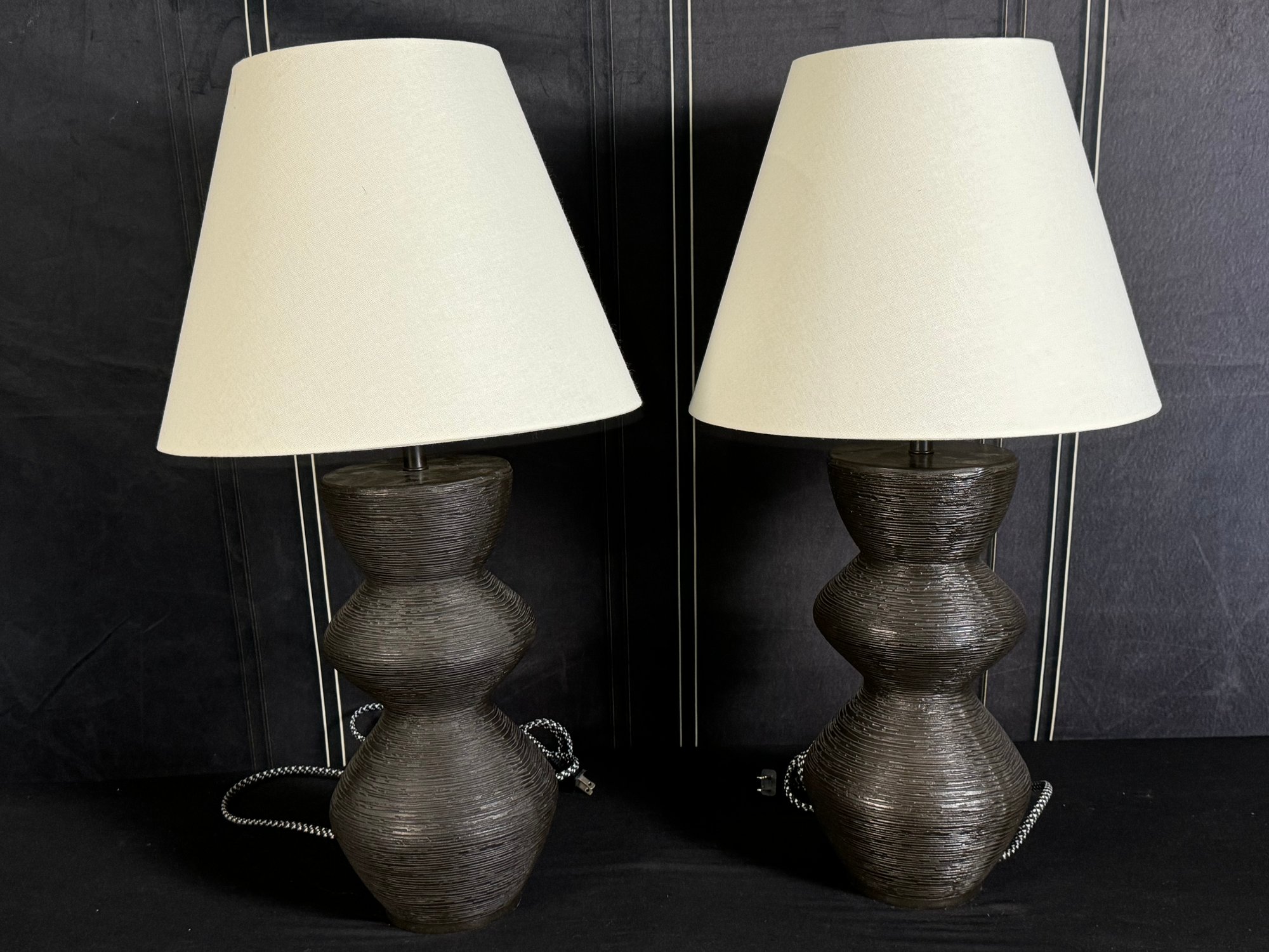 Pair Of Visual Comfort Black Aged Iron Utopia Table Lamps With Cream