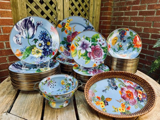 Set Of Mackenzie Childs Enamel Blue Flower Market Dinnerware