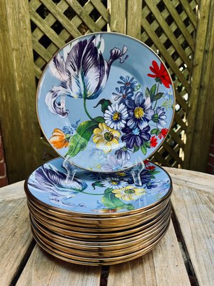 Set Of Mackenzie Childs Enamel Blue Flower Market Dinnerware