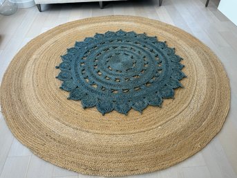Stacked Pairing Of Circular Woven Jute Rugs - Tan & Blue