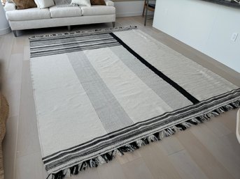 Large Cream, Gray & Black Area Rug With Fringed Ends
