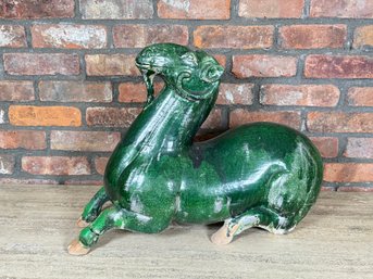 Rare Antique Large Green Glazed Han Dynasty Style Ram Ceramic Sculpture
