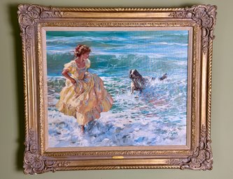 Framed Signed Dianne Flynn Oil On Canvas - Lady With Her Setter In The Ocean