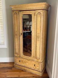 Antique 19th Century Painted Pine Wardrobe - Mirrored Door With Drawer On Bottom