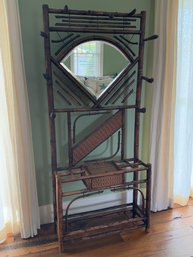 1920's Bamboo Coat And Hat Stand With Central Mirror And Umbrella Stand - English