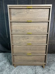 Five Drawer Brown Walnut Veneer Tall Dresser With Brass Accents