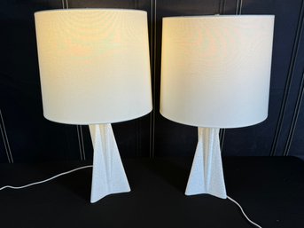 Pair Of White Hammered Ceramic Revival Home Gretl Table Lamps With White Shades
