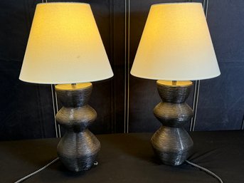 Pair Of Visual Comfort Black Aged Iron Utopia Table Lamps With Cream Shades
