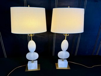 Pair Of Down East Furnishings Albaster Table Lamps With Brass Base & Cream Shade