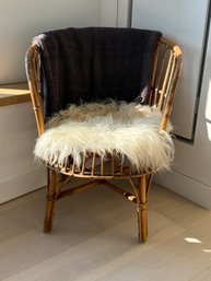 Small Bound Bamboo Barrel Back Chair With Fur Seat & West Elm Gray Throw Blanket