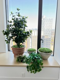 Collection Of Five Faux Plant Decor Items - Gray, Black & Red Planters