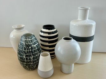 Collection Of Six Ceramic Vases - White, Black & Gray