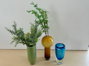 Assortment Of Three Bright Color Vases - Blue, Green, And Orange/Brown