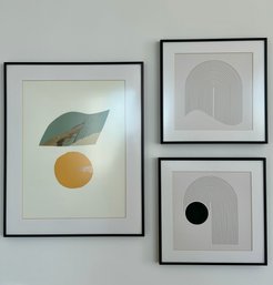 Trio Of Framed, Unsigned Line Art & Lithograph Pieces - Black, White, Green, Yellow