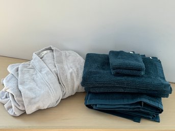 Collection Of Coyuchi Green-Blue Cotton Bath Towels & Gray Cotton Bath Robe