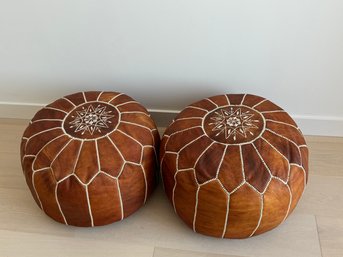 Pair Of Brown Leather & White Stitching Poufs