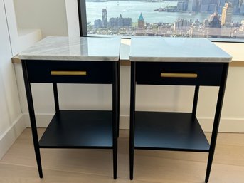 Pair Of Wiliams Sonoma Metal Work Black Metal & Marble Top Single Drawer Nightstands