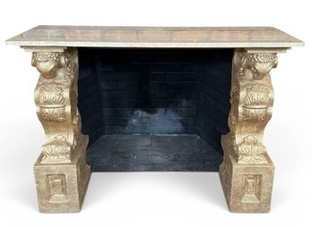 Antique Carved Winged Rams Head Concrete Base Console