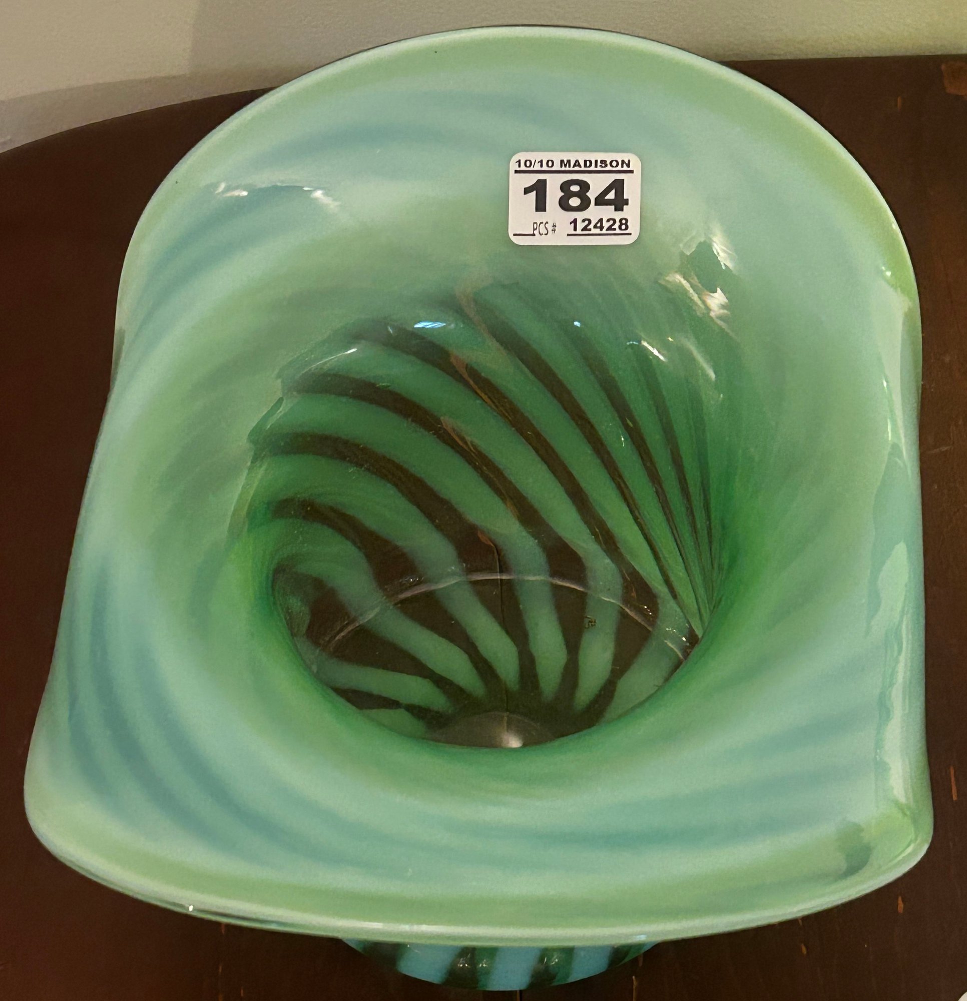 Large Vintage Green Stripped Uranium Glass Top Hat Container Planter, 9