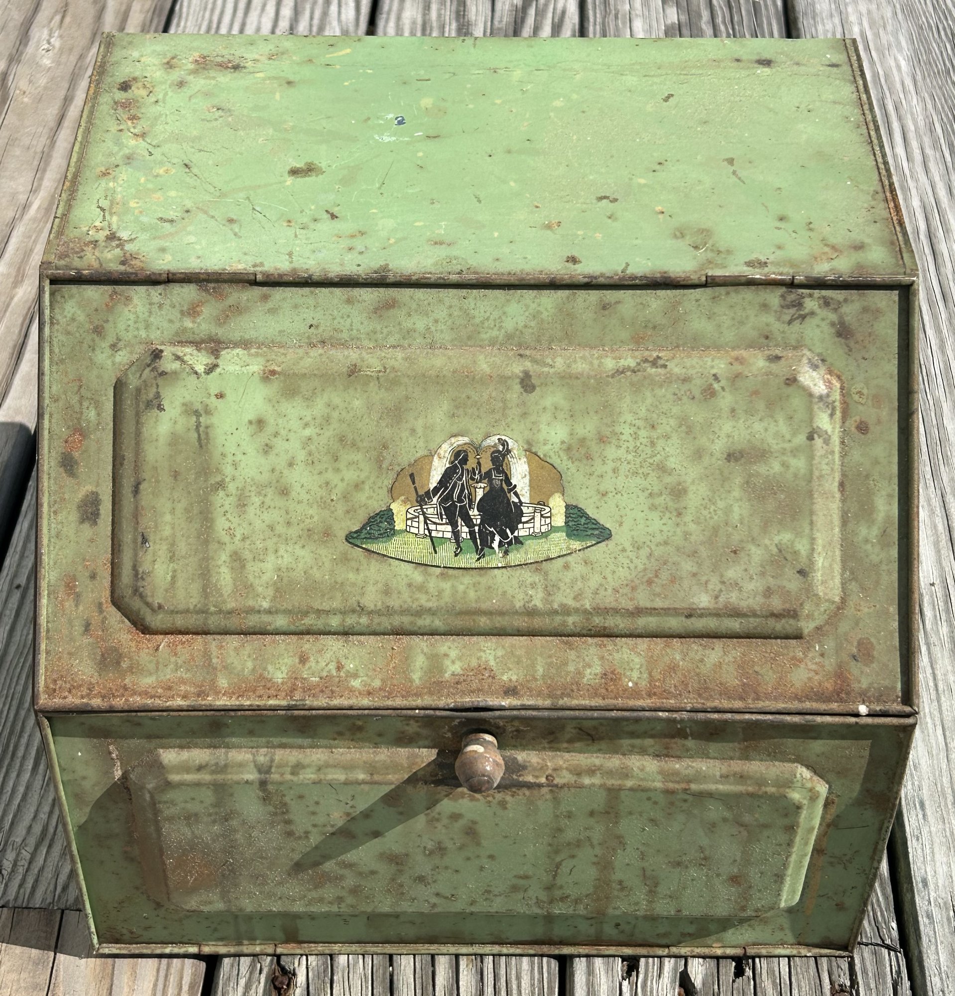 Antique Tin Bread Box In Original Green Paint & Franck Courting