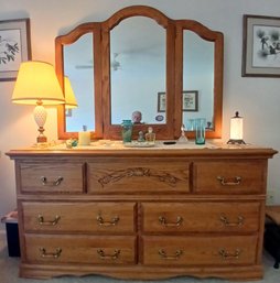 Quality American Heirloom Oak 3-Over-4 Drawer Dresser With Tri-Fold Mirror, 65.5' X 17.5' X 77' H