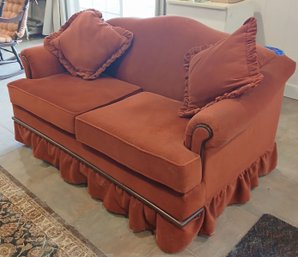 Vintage Rust Velvet Camelback Love Seat With  Rolled Arms & Ruffled Skirt 61' X 41' X 33'H