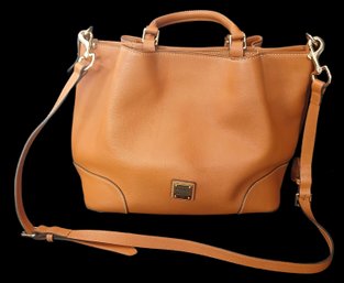 Caramel Colored Dooney & Bourke Pebbled Leather Satchel W/Zip-Gusset Compartments & Shoulder Strap
