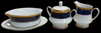 3 Pcs Noritake Valhalla Fine Porcelain Gravy Boat W/Attached Underplate, Lidded Sugar Bowl & Creamer