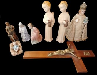 8 Pcs - Religious Items Incl Crucifix, Infant Jesus Of Prague Figurine, Partial Creche Set, & More, As Picture
