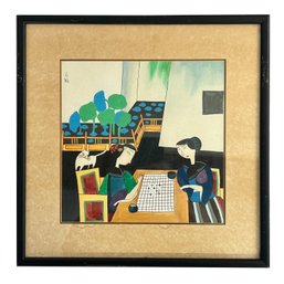 Vintage Framed Original 'Two Ladies Playing Go' By Chinese Artist Hu Yongkai, Signed, 15' Sq