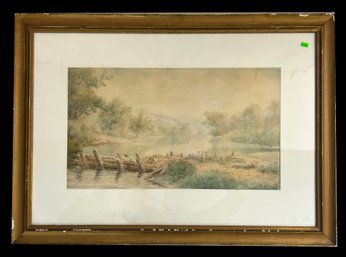 Antique Framed Watercolor Of Lake Scene With Row Boat, Signed 'Flora B'?, 35.25' X 25.25'H