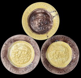 3 Pcs Antique 19thC Victorian Majolica Plates Of Dog Chasing Stag Hunt Scene, Each 7-7/8' Diam.