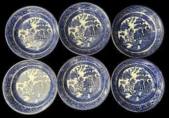 6 Pcs Antique Ye Olde Blue Willow Gold Rimmed Soup Bowls By Royal Staffordshire Pottery, Each 7.75' Diam.