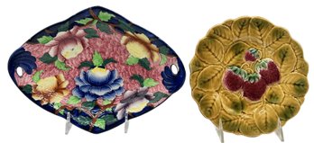 2 Pcs Vintage Dishes, Majolica Strawberry Plate, 8' Diam. And Stunning Maling Floral Plate
