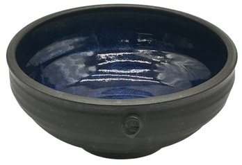 Vintage Studio Pottery Bowl, Matte Greenish/Brown Exterior & Gloss Cobalt Blue Interior, 10.25' Diam. X 4.5'H