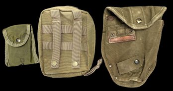 Three US Military Pouches - For Entrenching Tool - First Aid Kit - Small #87 Belt Pouch