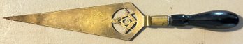 Vintage Masonic Brass & Wooden Handle Letter Opener, 9'L