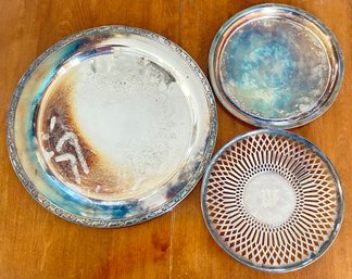 3 Pcs Vintage Silver Plate Round Serving Trays, Largest 15' Diam., Reticulated Tray Has Monogram