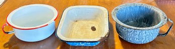 3 Pcs Antique Graniteware, 2-Chamber Pots And Rectangular Pan 10.5' X 7.5' X 2'H, As Pictured