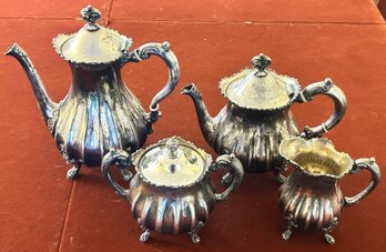 4 Pcs Antique Bulbus Quadruple Silver Plate Coffee & Tea Set With Creamer & Covered Sugar, Coffee Pot