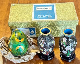 2 Pcs Similar Vintage Chinese Brass & Cloisonne Miniature Urns On Wooden Stands, Each 3-7/8'H
