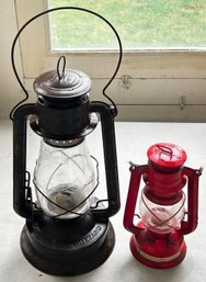 2 Barn Lanterns - Deitz Special No. 2 Blizzard And Red Globe Brand No. 303 (Chimney Cracked)