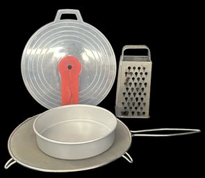 4 Pcs Kitchenwares - Mixing Bowl Splatter Guard, Metal Fry Pan Splatter Guard, Standing Grater & 8' Cake Pan