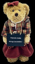Boyd's Bears Aimee Warmheart Plush Teddy Bear Wearing Sign 'Friends Make Things Bearable', 21.5'H